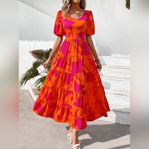 Bright Orange & Pink Floral Tiered Maxi Dress Large